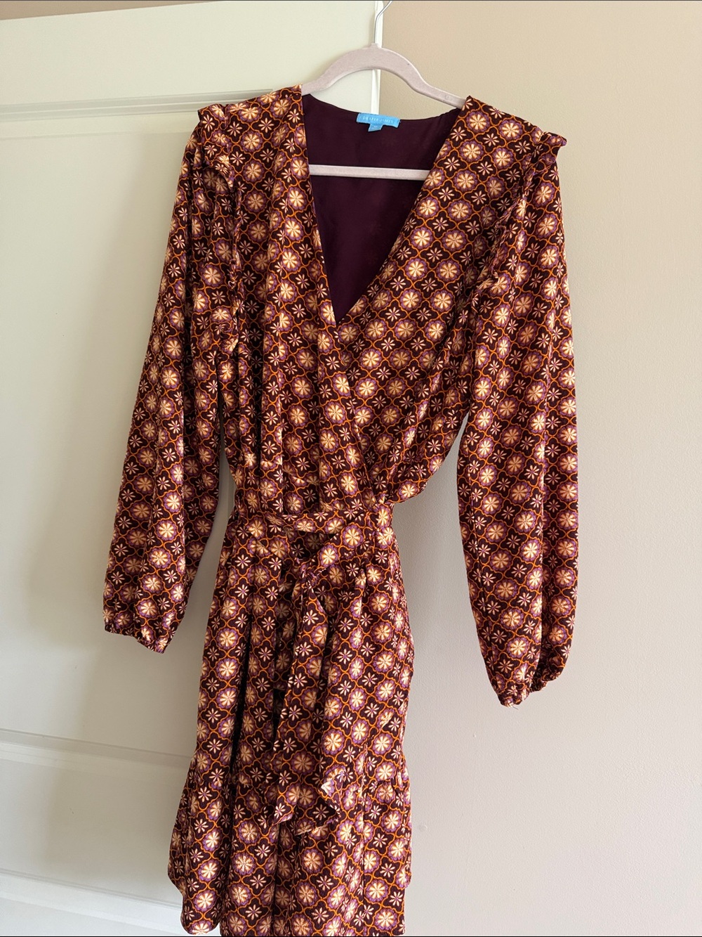 Draper James Burgundy Velvet Wrap Dress with Brown & Orange Floral Pattern